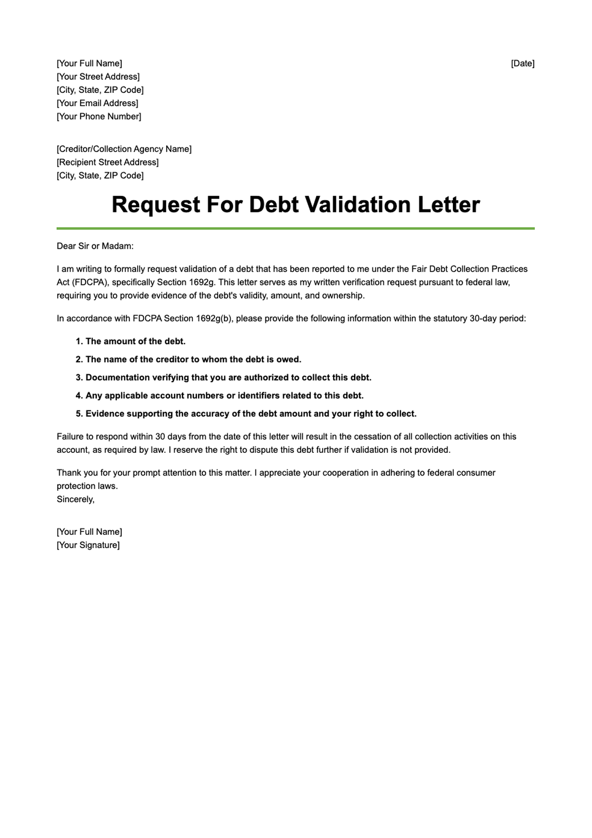 Request for Debt Validation Letter under FDCPA with placeholders_variant_1